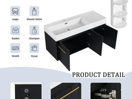 Modern Chestnut Wall Mounted Bathroom Vanity With Left Resin Sink And Storage Rack - Black Chestnut