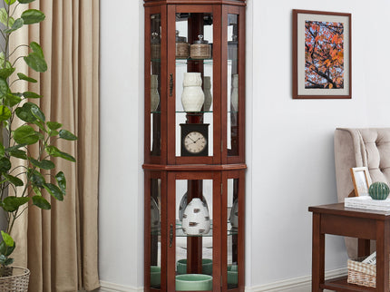 Corner Curio Cabinet With Lights, Adjustable Tempered Glass Shelves, Display Cabinet (E26 Light Bulb Not Included) - Mirrored / Walnut