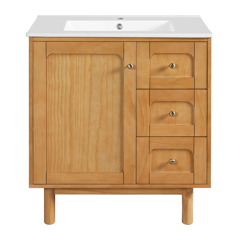 Bathroom Vanity With Sink, 3 Drawers, Soft Close Door - Natural Wood