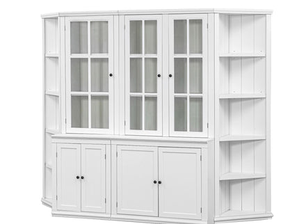 Retro Style Wall Suit With Glass Doors, 75.25" Tall Display Cabinets & Triangle Sided Bookshelves - White