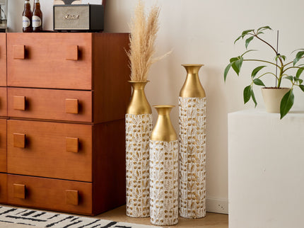 Mother's Day Gift Set Gilded White 3D Relief Flower Metal Vase Set - White / Gold