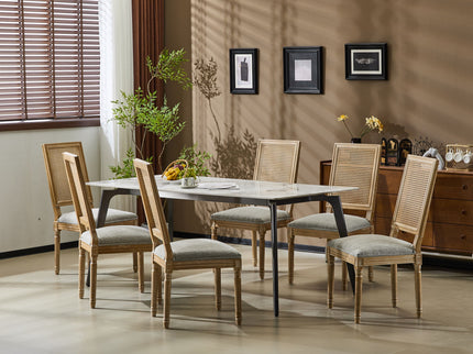 French Country Dining Chair With Rectangular Cane Backrest And Smooth Upholstered Seating