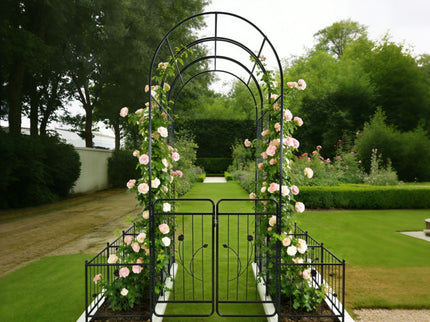 Metal Garden Arch With Gate Wide High Climbing Plants Support Rose Arch Outdoor - Black