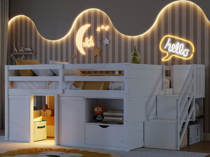 Low Loft Bed Frame With Built In Stairs, Storage Drawer, Shelf And 7 Color LED Light