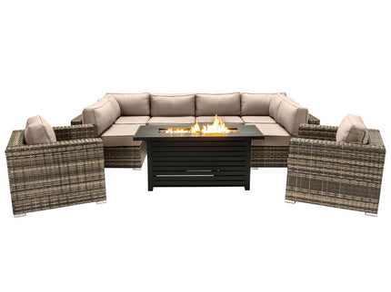 9 Piece Outdoor Sectional Set With Fire Pit Table And Cushions - Beige