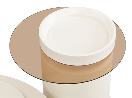 Modern Round Coffee Table (Set of 2), 360 Degree Rotatable Flower Shaped Top With 2 Drawers, Top Circle Side Table End Table With Glass For Living Room - Off White