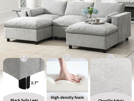 Modular Sectional With Storage Pockets, 5 Seat U Shaped Couch Set With Pillows, Free Combination Modern Cloud Sofa With 2 Movable Ottoman