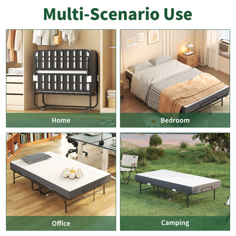 Twin Wide Folding Bed For Tall People, Extra Long & Wide Rollaway With Memory Foam, Heavy-Duty Capacity Guest, Spacious Portable Cot - Black