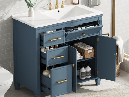 Modern Bathroom Vanity With Ceramic Sink, Freestanding, One Tip Out Drawer, 3 Side Drawers, Adjustable Shelf