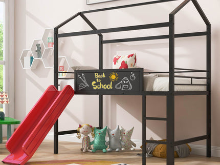 Twin Metal Loft Bed With Slide And 2 Sided Writable Wooden Board - Black