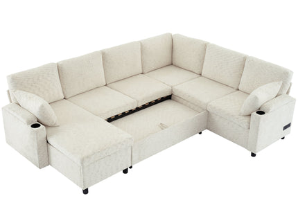 U-Shaped Sectional Sleeper Sofa With Ample Storage Space, 2 Cup Holders And Charging Ports For Living Room