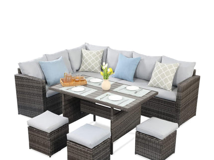7 Piece Outdoor Dining Set With Cushions, Modular Sectional Sofa And Table