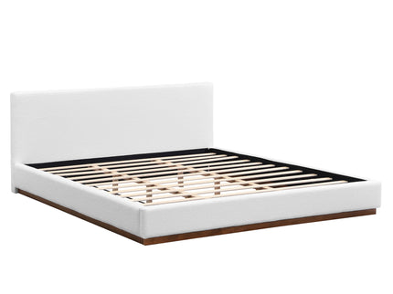 Elegant Boucle Upholstered Bed With Wood Grain Textured Solid Wood Base Frame