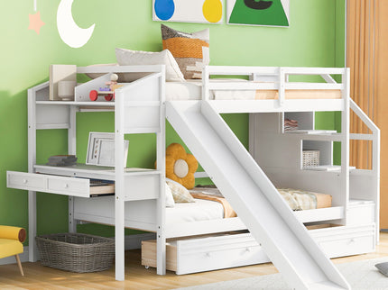 Bunk Bed With Storage Staircase, Slide, Desk, Drawers, And Shelves