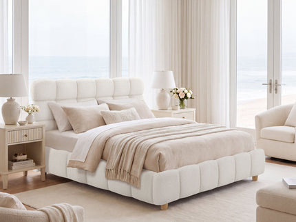 Pula - Queen Platform Bed With Upholstered Headboard, Slat Support, No Box Spring Needed - Ivory