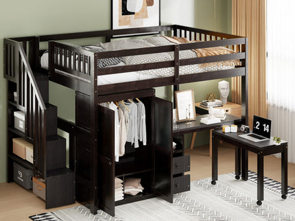 Loft Bed With Stairs, Bookshelf, Drawers, Desk & Wardrobe, Space Saving Multifunctional Furniture
