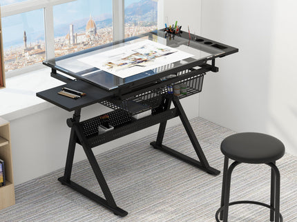 Adjustable Tempered Glass Drafting Printing Table With Chair