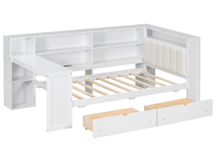 Platform Bed With Upholstered Headboard, Storage Shelves, Drawers, Charging Station, LED Lighting, Built In Desk