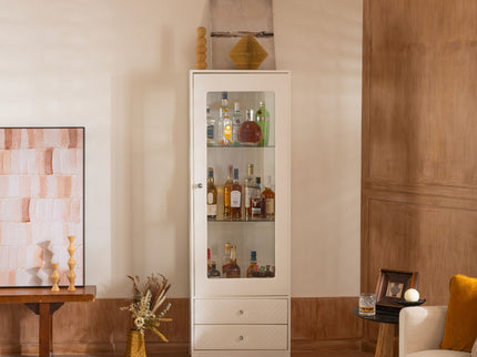 Modern Upholstered Glass Display Cabinet With Adjustable LED Light - White