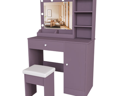 Vanity Desk Set With Padded Stool And Adjustable LED Mirror, 3 Color Light Modes - Purple
