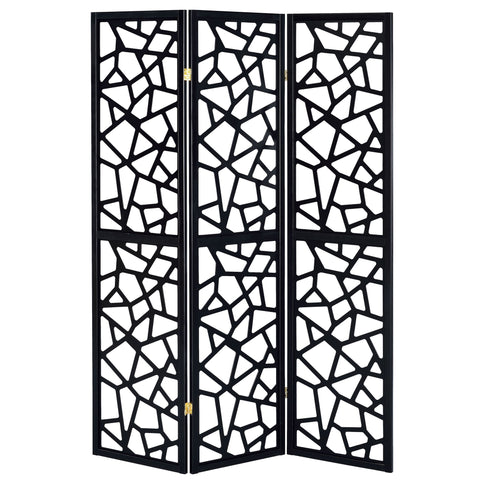 3 Panel Folding Screen With Mosaic Cutout Design - Black