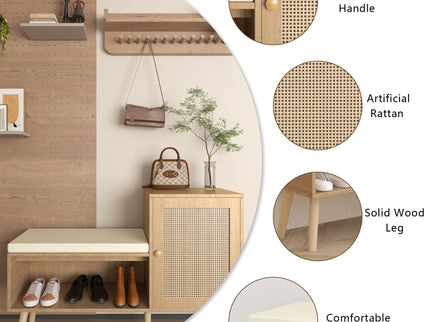 2 In 1 Shoe Storage Bench With Adjustable Shelves - Antique Natural / Rattan