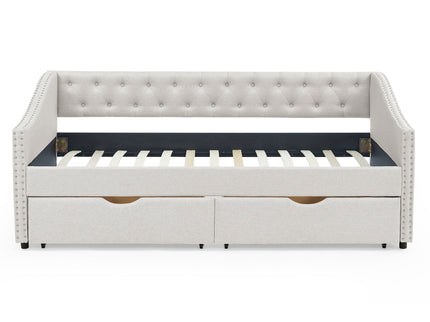 Upholstered Tufted Daybed With 2 Drawers, Waved Arms