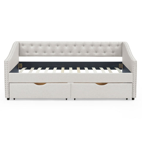 Upholstered Tufted Daybed With 2 Drawers, Waved Arms