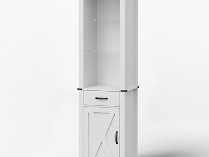 Pantry Cabinet With LED Lights And Barn Door With Tempered Glass Shelves - White