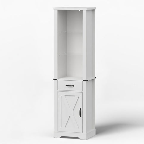 Pantry Cabinet With LED Lights And Barn Door With Tempered Glass Shelves - White