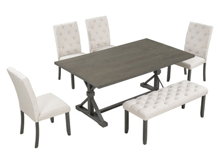6 Piece Dining Table Set With Rectangular Wood Table, 4 Upholstered Chairs, Bench