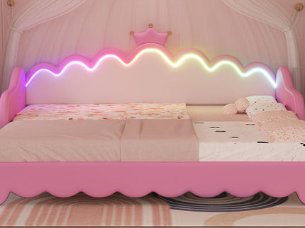 Extending Daybed With LED Lights, Modern Upholstered Princess Daybed With Crown Headboard