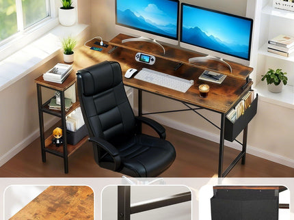 L-Shaped Gaming Desk With Power Outlets, Monitor Stand & Storage Shelves, Reversible Corner Workstation - Black / Brown