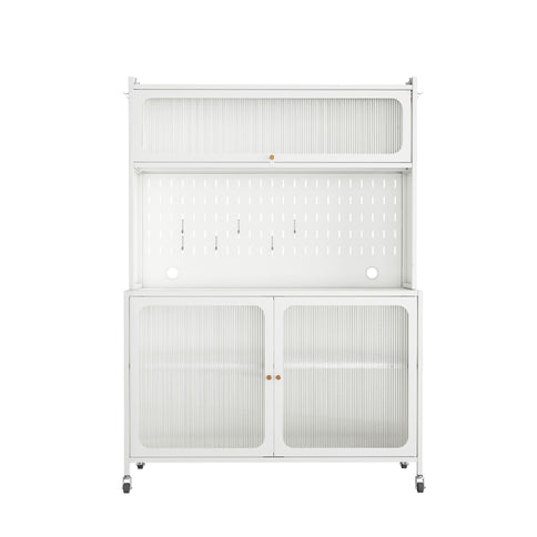 Contemporary Kitchen Pantry Cabinet With Glass Doors, Adjustable Shelves, Steel - Brushed Nickel