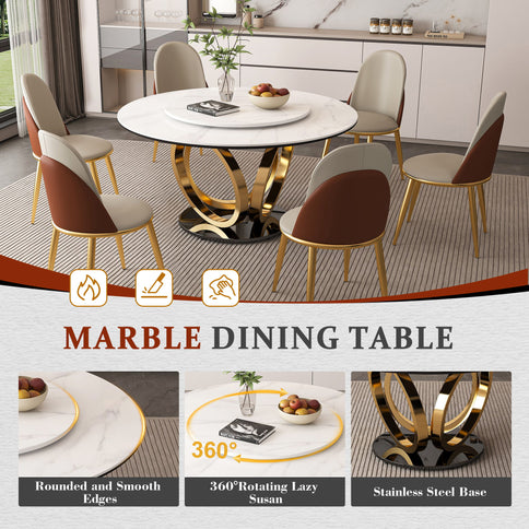 Round Dining Table With 360° Smooth Lazy Susan For Dining Room - Gold / Black / White
