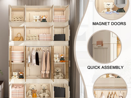 Portable Wardrobe Closet Storage Organizer With 17 Magnetic Doors, 17 Cubes, Hanging Rod & 6 Hangers - Creamy White