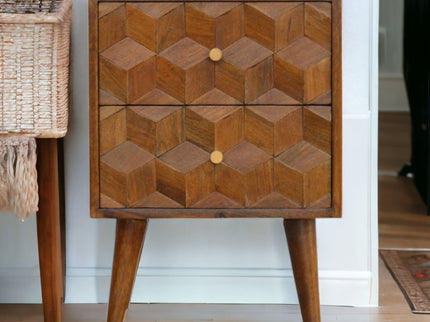 Cube Carved Bedside Table Nightstand - Chestnut