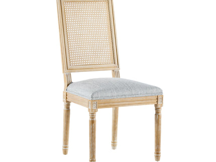 French Country Dining Chair With Rectangular Cane Backrest And Smooth Upholstered Seating