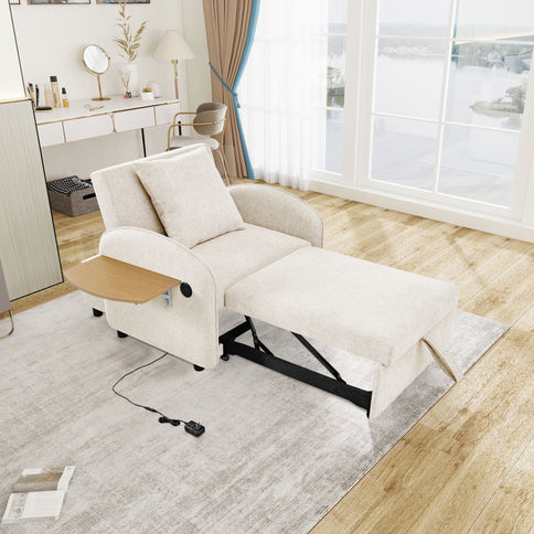 Convertible Single Chair Bed With Computer Board And USB Ports, 3 In 1 Sofa Bed - Beige