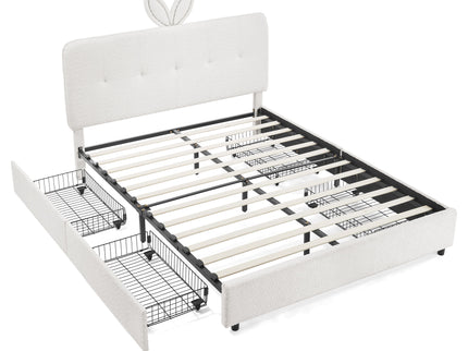 Upholstered Bed With Oversized Rabbit Ear Headboard, LED Lights & 4 Storage Drawers