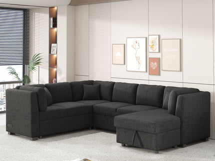 U-Shaped Sectional Sofa Pull Out Sofa Bed With Two USB Ports, Two Power Sockets, Three Back Pillows And A Storage Chaise For Living Room