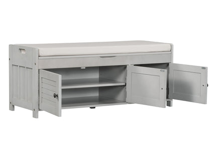 Storage Bench With 3 Shutter-Shaped Doors, Shoe Bench With Removable Cushion And Hidden Storage Space
