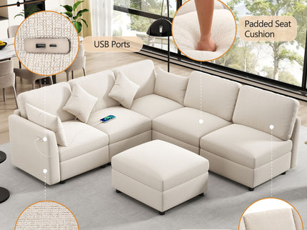Sectional Sofa Modular U-Shaped With Ottoman & USB Ports