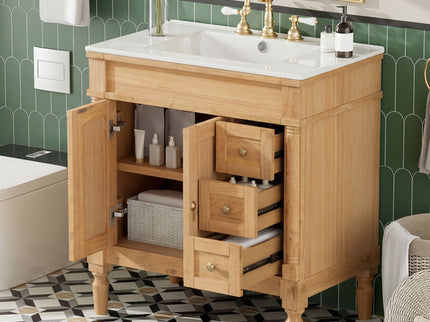 Modern Bathroom Vanity With Ceramic Sink, Soft Close Doors, Adjustable Shelves
