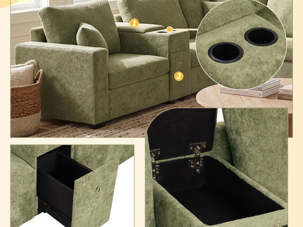 Modular 5 Seat U-Shape Sectional Sofa With Chaise Lounge, Built In Cup Holders And Storage Drawer