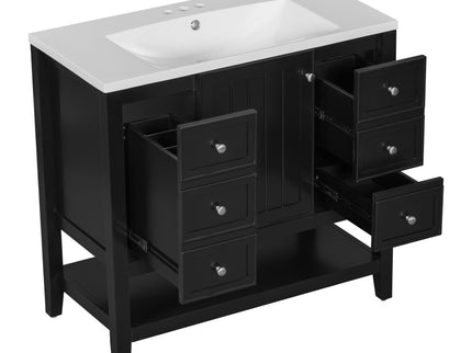 36" Bathroom Vanity & Sink, 2 Cabinet And 3 Drawers - Black