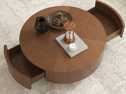 Drum Shaped Coffee Table With Hidden Storage Drawer, Low Profile For Living Room - Walnut