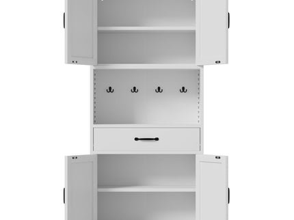 Kitchen Pantry Cabinet With Adjustable Shelves, Drawers, Hooks And Large Countertop - White