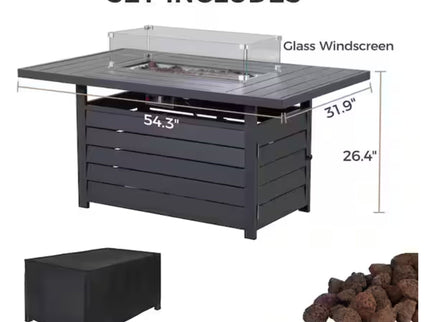 Rectangular Propane Fire Pit Table With Burner, Lava Rock, Waterproof Cover