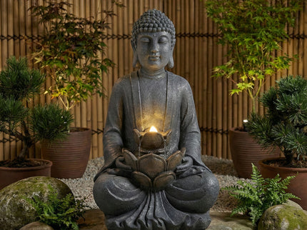 Zen - 2 Tier Meditating Buddha Water Fountain With Pump & LED Light - Gray